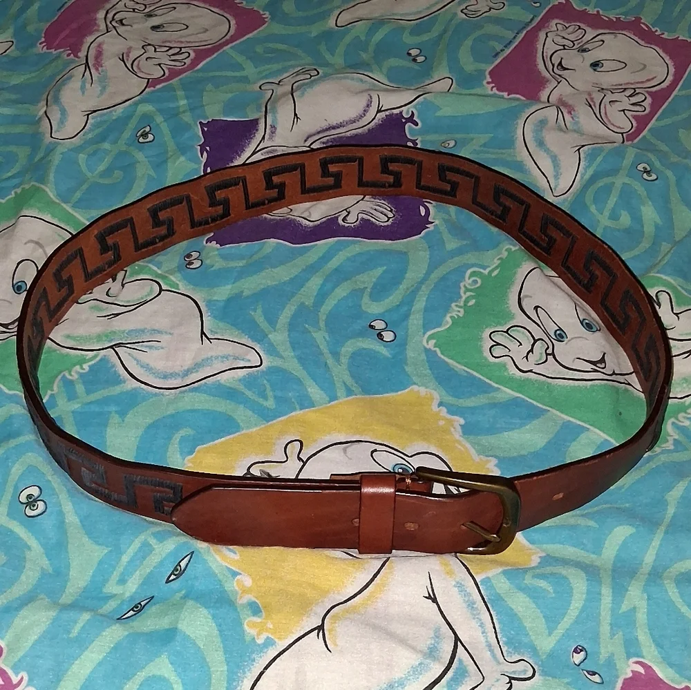 Orvis Vintage Greek Key Brown Leather Belt